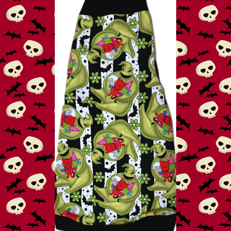 Sphynx cat Halloween shirt featuring Oogie Boogie and Boogie’s Boys in green witch hats with bats, skulls, flowers, and spooky black-and-white stripes.