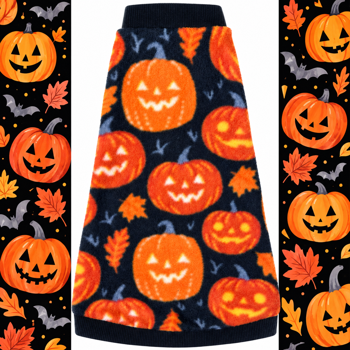 Pumpkin Patch Pals Sphynx cat fleece Halloween shirt with orange jack-o’-lantern print and coordinating pumpkin border