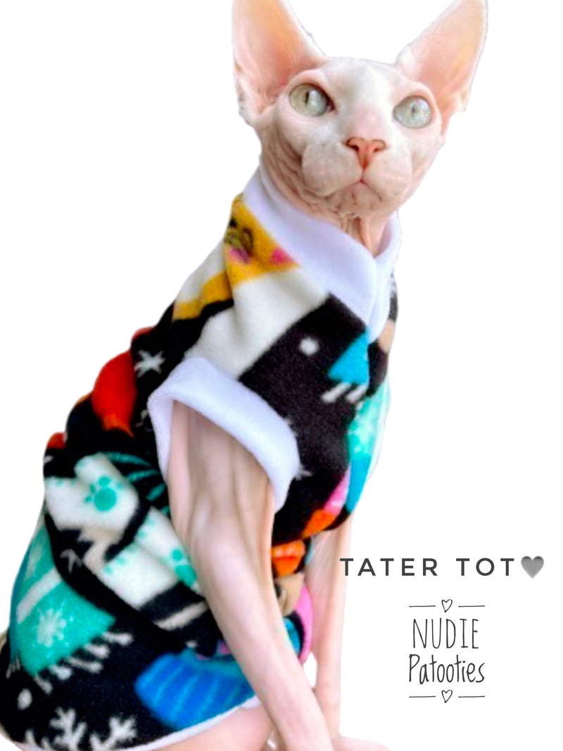 Christmas sphynx cat fleece shirt.  Best sphynx cat clothes and sweaters.