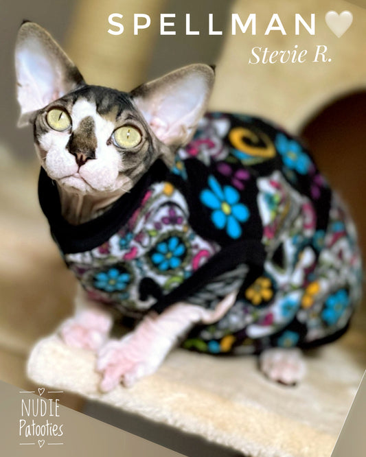 Black Sugar Skull Fleece for sphynx cat and sphynx kitten.  Sphynx cat and kitten clothes. 