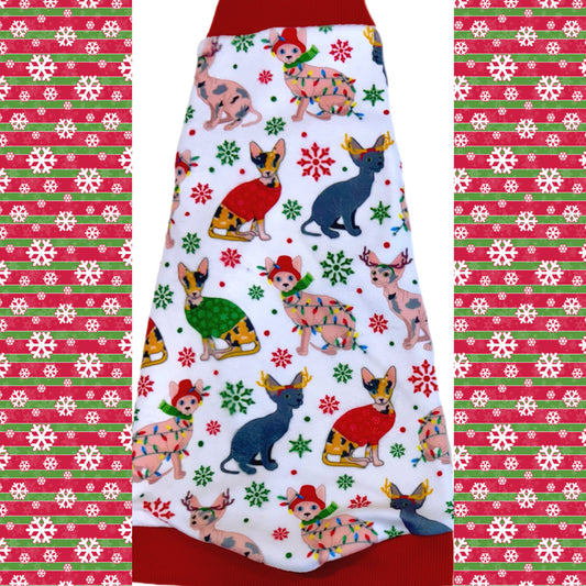 Sphynx cat and kitten Christmas holiday shirt.  Warm and soft fleece.  Best sphynx cat clothes, sweaters and shirts.