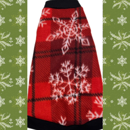 Snowflakes on plaid sphynx cat and kitten warm fleece shirt.  Best sphynx cat clothes, sweaters, shirts.
