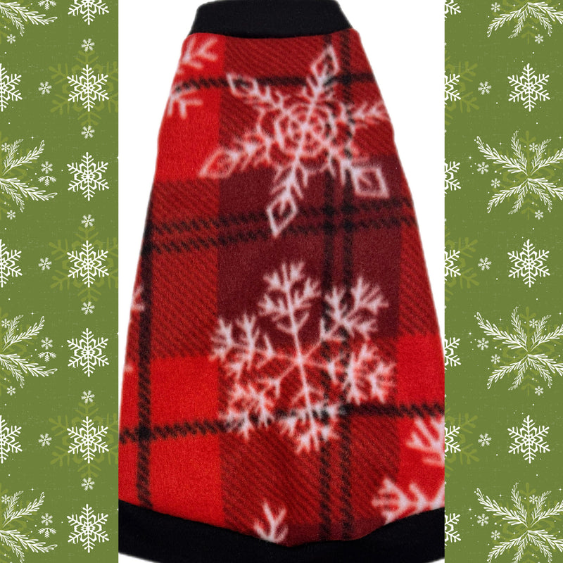 Snowflakes on plaid sphynx cat and kitten warm fleece shirt.  Best sphynx cat clothes, sweaters, shirts.