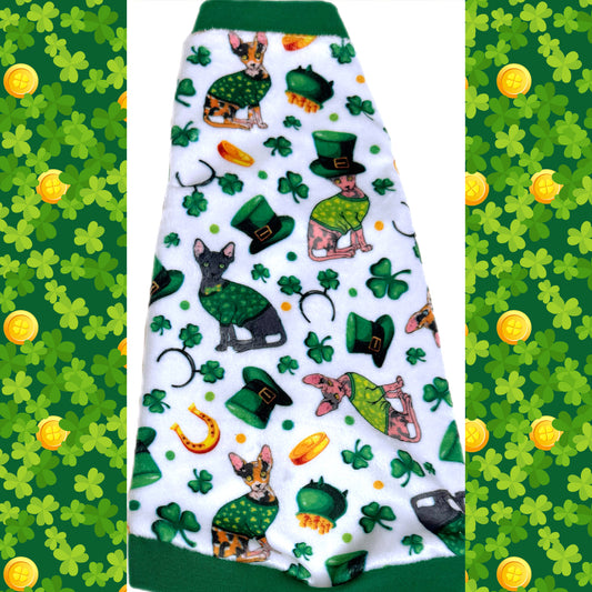 Sphynx cat St. Patrick's Day holiday minky shirt.  Best sphynx cat and kitten shirts, clothes, sweaters.