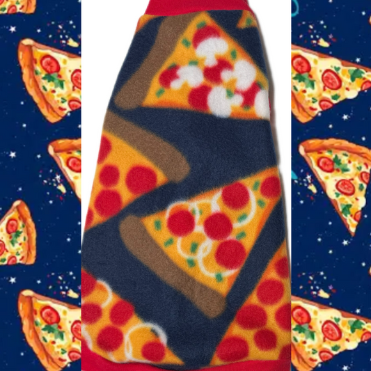 Pizza fleece shirt for sphynx cat.  Best sphynx cat clothes and swag.