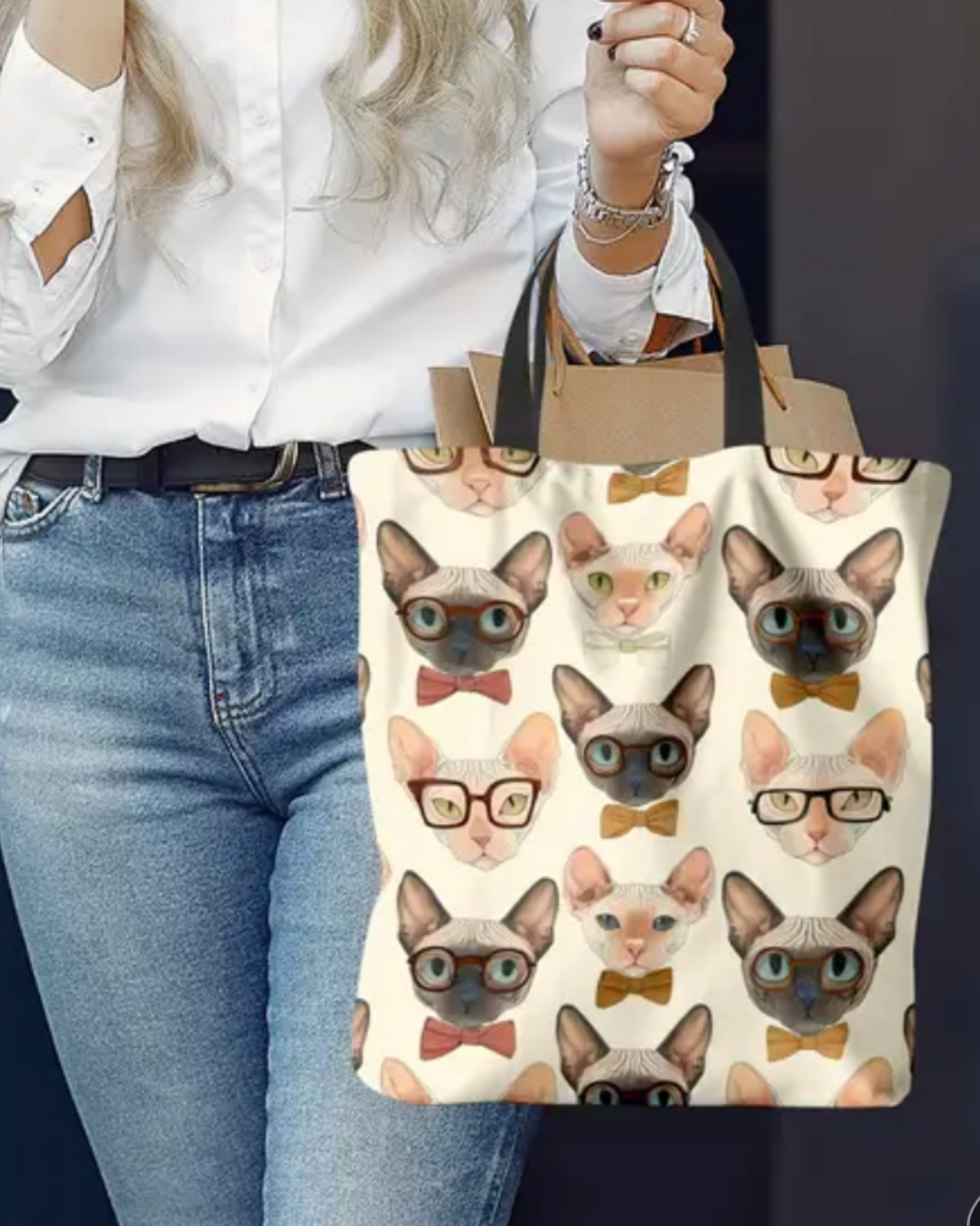 Sphynx Cute Hairless Cat Pattern Printed Shopping Bag With Inner Pocket, Reusable Storage Bag, Grocery Bag, Large Capacity Shopper Bag, Imitation Linen Shoulder Bag For Shopping. Tote bag.
