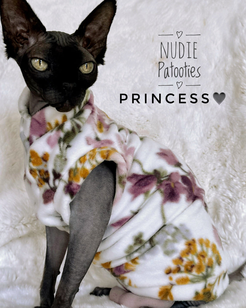 Wildflower high-quality fleece Sphynx cat shirt designed for soft, cozy warmth and comfortable coverage for hairless cats.