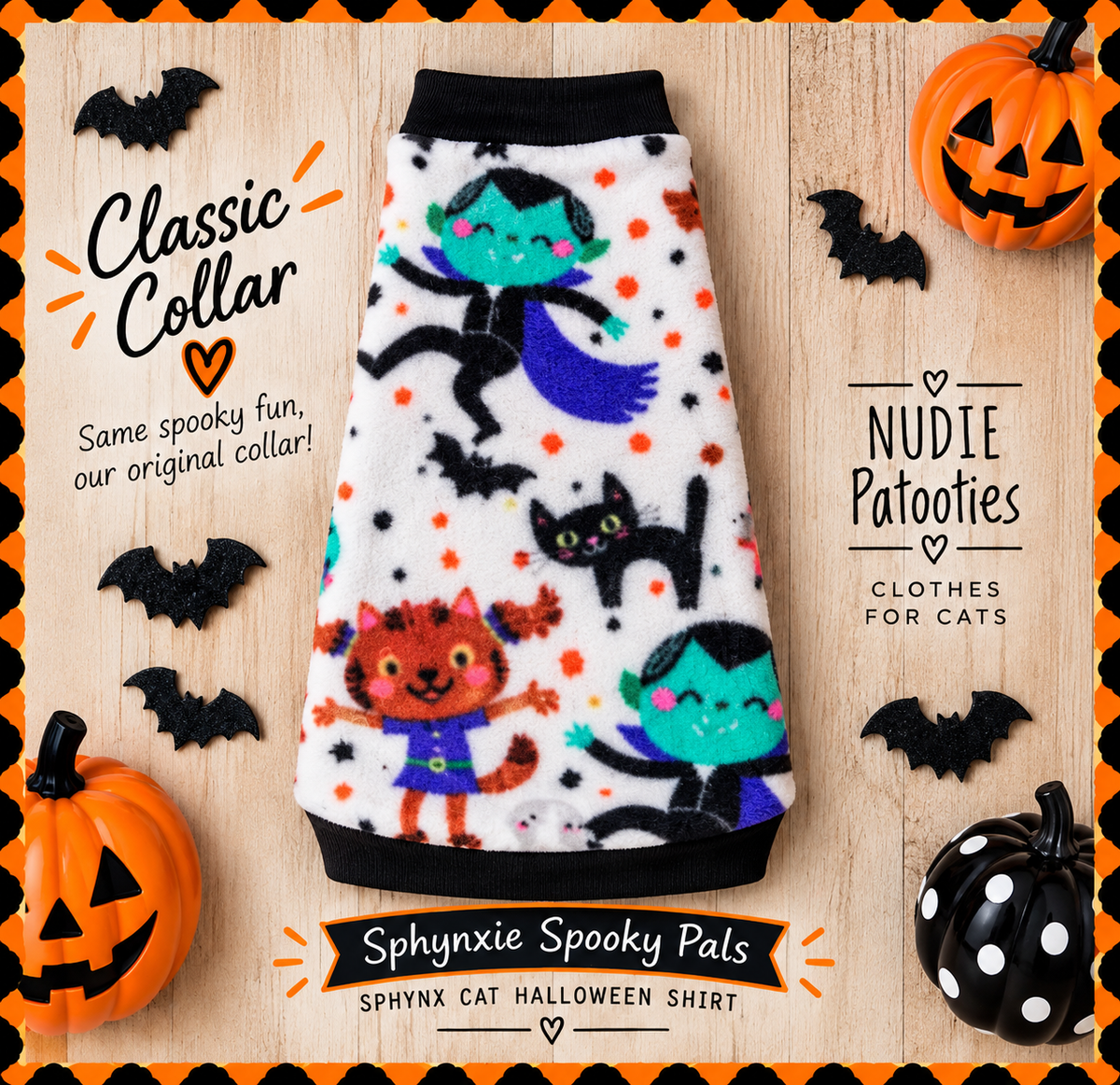 Sphynxie Spooky Pals fleece Sphynx cat Halloween shirt with black cotton collar, featuring colorful cats, pumpkins and spooky characters.