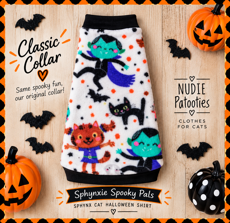 Sphynxie Spooky Pals fleece Sphynx cat Halloween shirt with black cotton collar, featuring colorful cats, pumpkins and spooky characters.