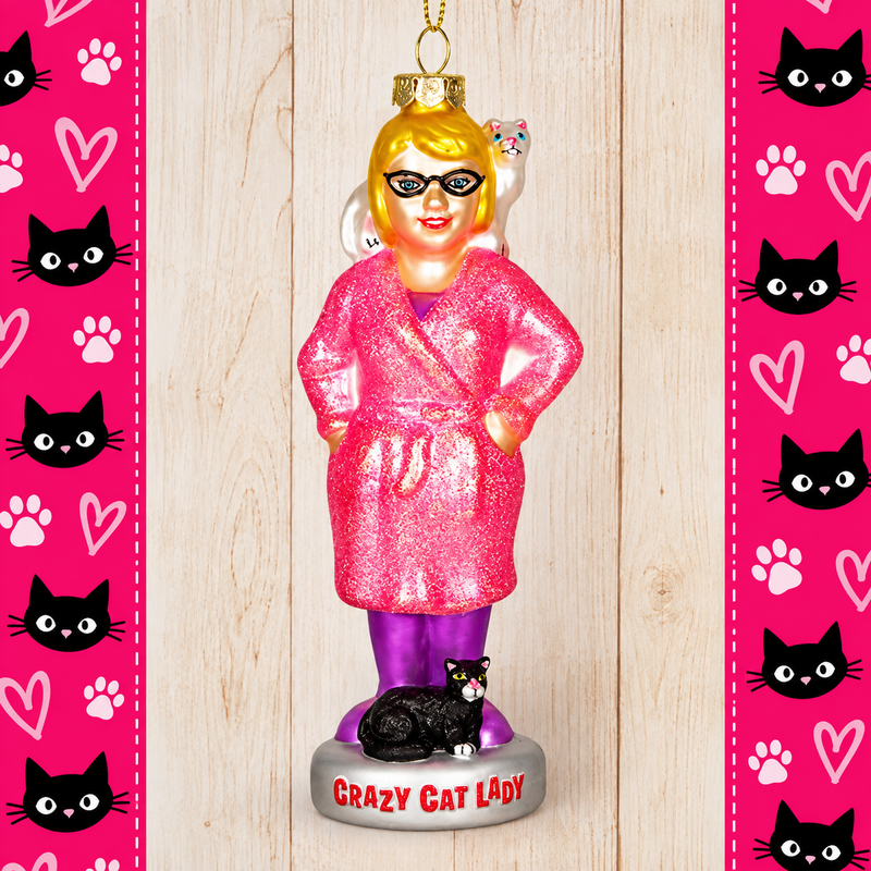 Crazy Cat Lady Christmas ornament featuring a woman in a sparkly pink robe with cats, a fun Christmas gift for cat lovers.