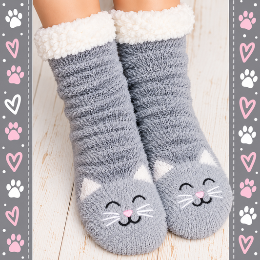 Cozy gray kitty slipper socks with soft Sherpa lining, cute embroidered cat faces and non-skid bottoms. A fun gift for cat lovers and chilly feet!