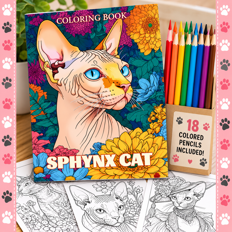 Adorable 22-page Sphynx cat coloring book with 18 colored pencils included. A fun gift, stocking stuffer or little treat for Sphynx cat lovers.