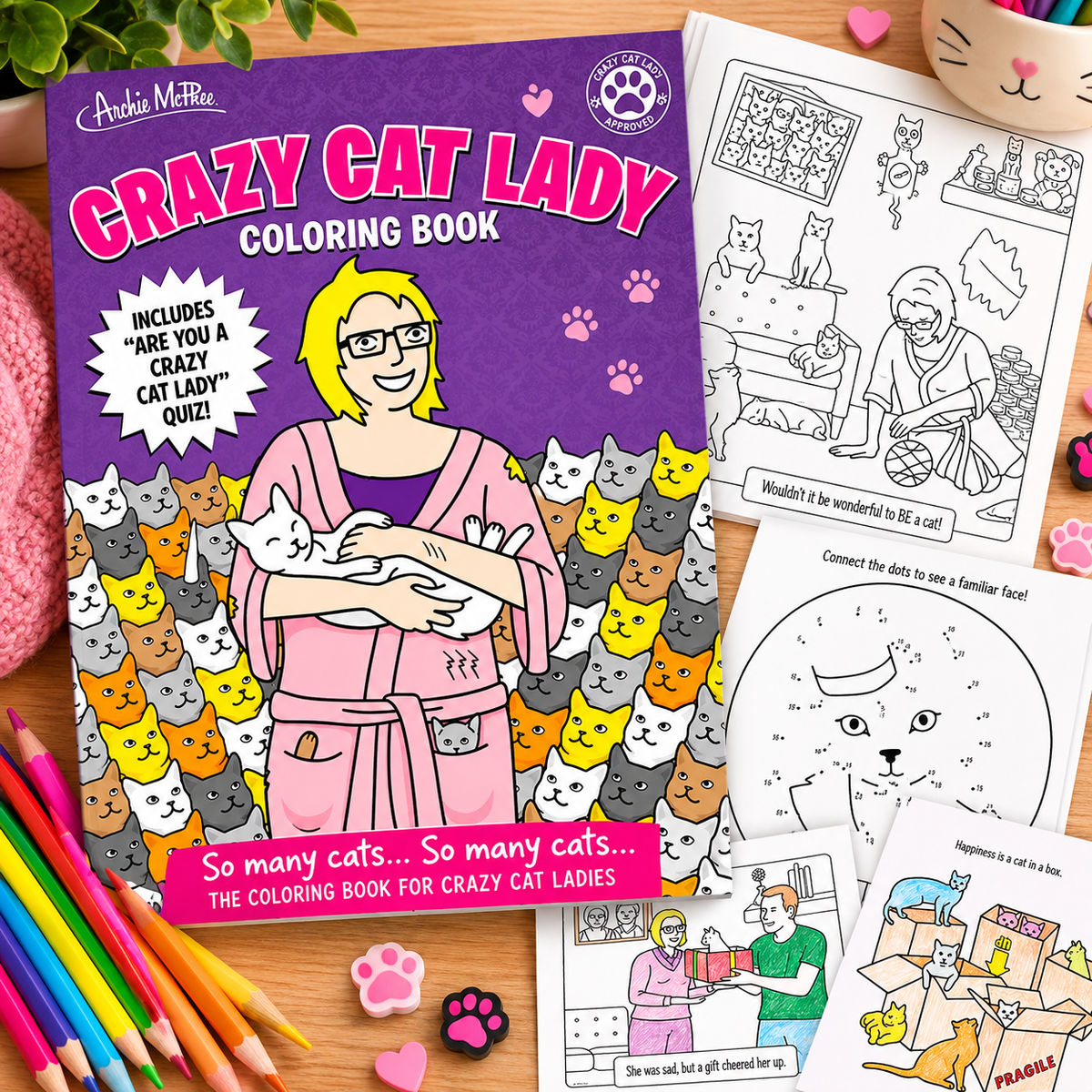 Archie McPhee Crazy Cat Lady coloring and activity book with purple cover and colorful cats.