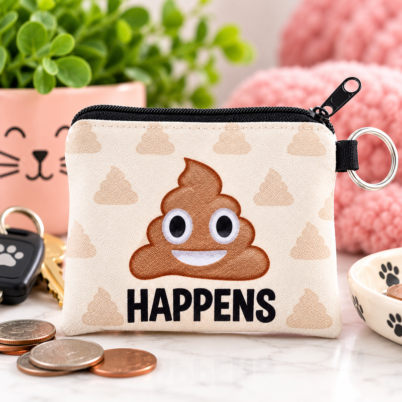 Poop Happens mini coin pouch with zipper and keyring, funny gift for Sphynx cat lovers