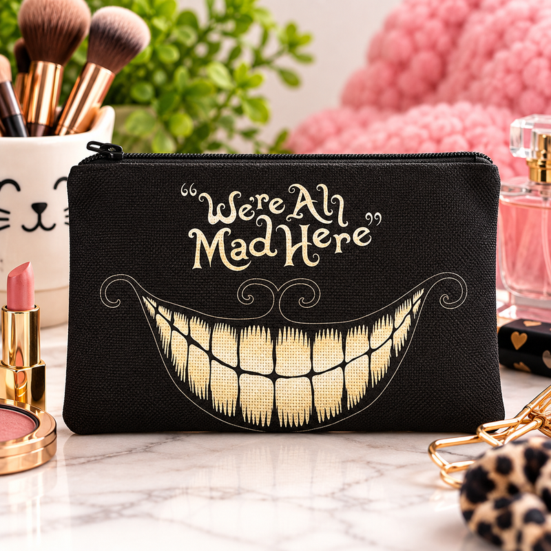 Mad Cat cosmetic bag with We’re All Mad Here grin design, funny cat lover gift