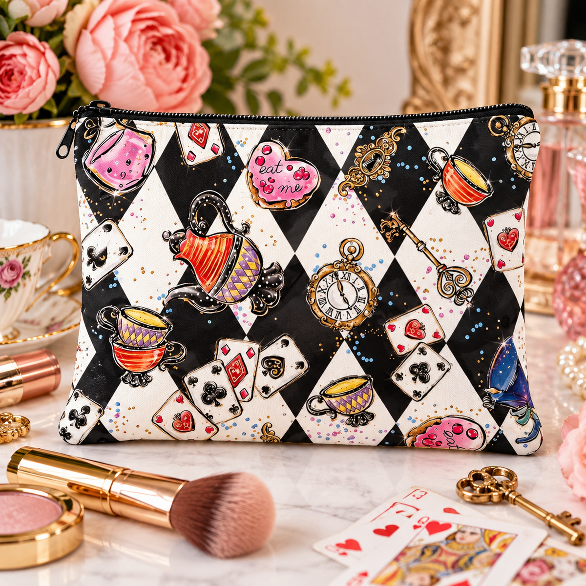 Whimsical tea party cosmetic bag with teacups, playing cards, clocks and keys