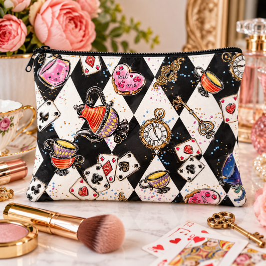 Whimsical tea party cosmetic bag with teacups, playing cards, clocks and keys