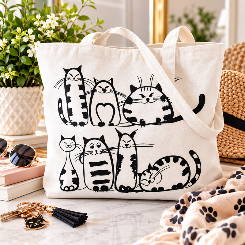 Large white canvas tote bag with playful black and white cartoon cats