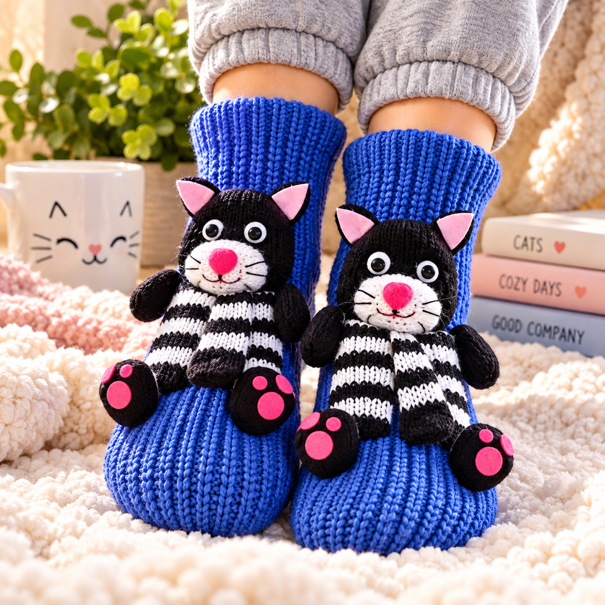 Blue knitted non-skid slipper socks with stuffed 3D black cats and pink paws