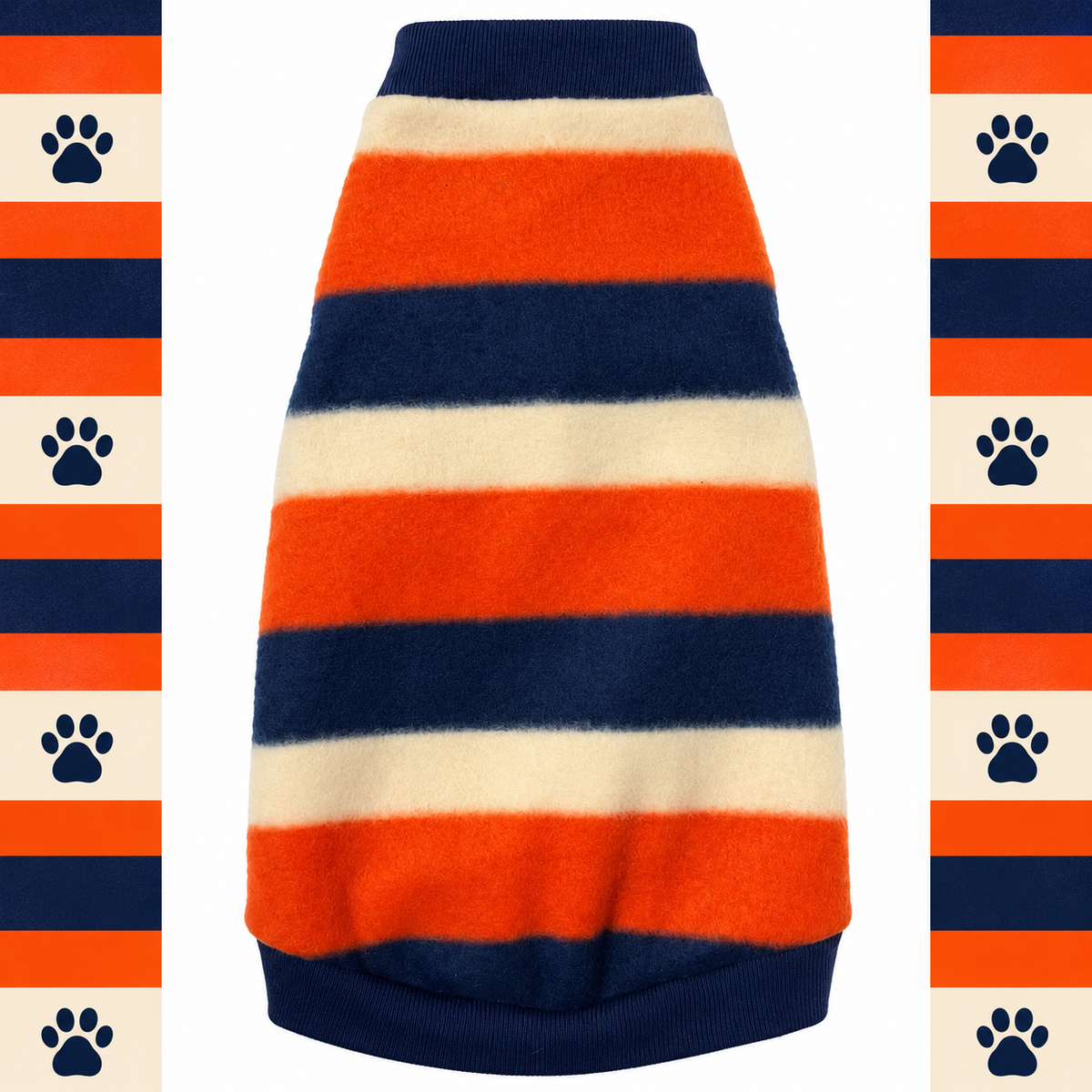 Toasted Beans striped fleece Sphynx cat shirt in orange, ivory and navy with navy rib-knit trim.