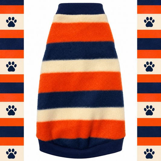 Toasted Beans striped fleece Sphynx cat shirt in orange, ivory and navy with navy rib-knit trim.