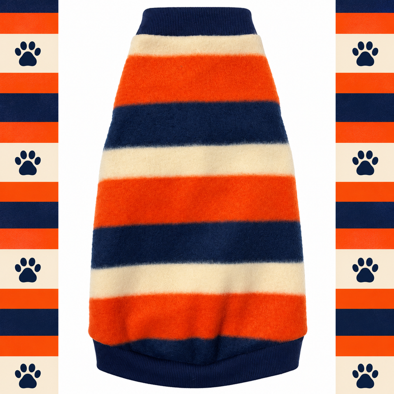 Toasted Beans striped fleece Sphynx cat shirt in orange, ivory and navy with navy rib-knit trim.