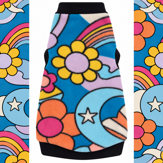 Groovy Garden fleece Sphynx cat shirt with colorful retro flowers, rainbows, moons and black cotton knit trim.