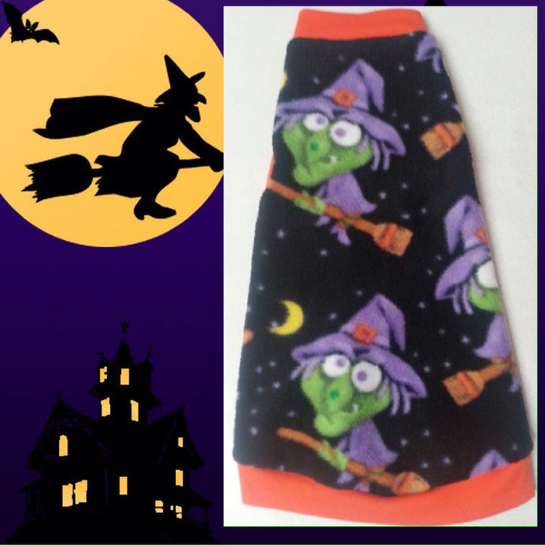 Sphynx cat wearing a black Halloween fleece shirt with colorful witches and orange trim by Nudie Patooties.