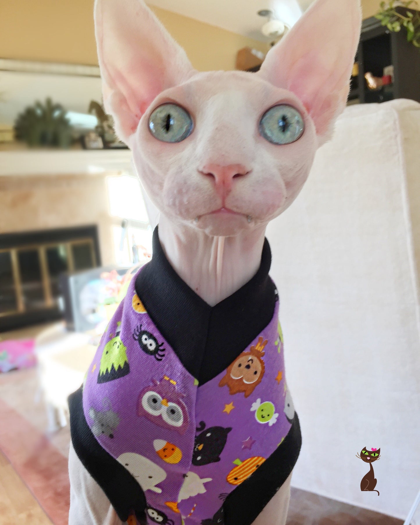 Purple Cotton Halloween shirt for your sphynx cat, sohynx jitten, bambino, devon rex, cornish rex, Peterbald, cat. Sphynx Clothes. Cat clothes