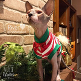Christmas Red and White Stripe Shirt "Santa's Little Helper" - Nudie Patooties  Sphynx cat clothes for your sphynx cat, sphynx kitten, Donskoy, Bambino Cat, cornish rex, peterbald and devon rex cat. 