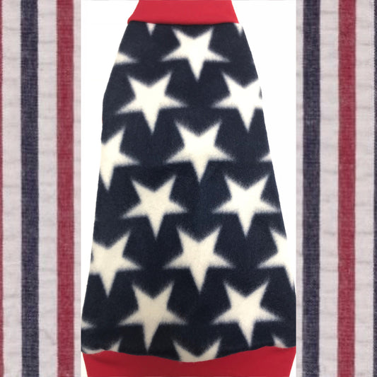 Navy and White Stars Fleece "All American" -Nudie Patooties Fleece shirt for your sphynx cat, sphynx kitten, cornish rex, peterbald and devon rex cat.  Sphynx cat clothes, shirts and sweaters.  