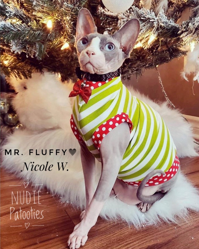 Lime and white stripes with red polka dot trim and cute bow sphynx cat and kitten Christmas shirt.  Sphynx cat clothes 