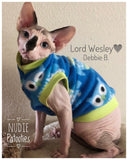 Blue Owl Fleece "What a Hoot" - Nudie Patooties  Sphynx cat clothes for your sphynx cat, sphynx kitten, Donskoy, Bambino Cat, cornish rex, peterbald and devon rex cat. 