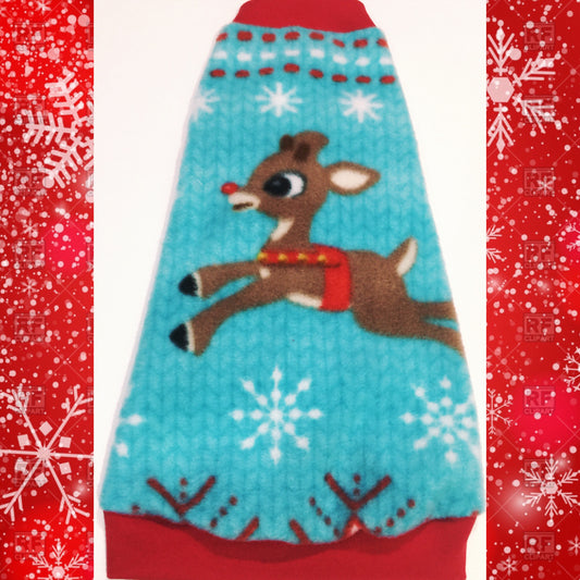 Nudie Patooties' Rudolph the Red Nosed Reindeer Christmas fleece shirt for your Sphynx cat, Sphynx kitten, Donskoy, Bambino, Cornish Rex, Devon Rex, and Peterbald cat. 