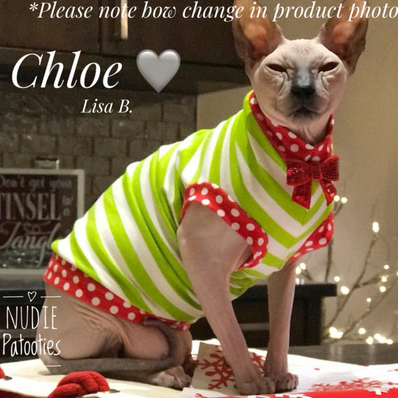 Lime and white stripes with red polka dot trim and cute bow sphynx cat and kitten Christmas shirt.  Sphynx cat clothes 