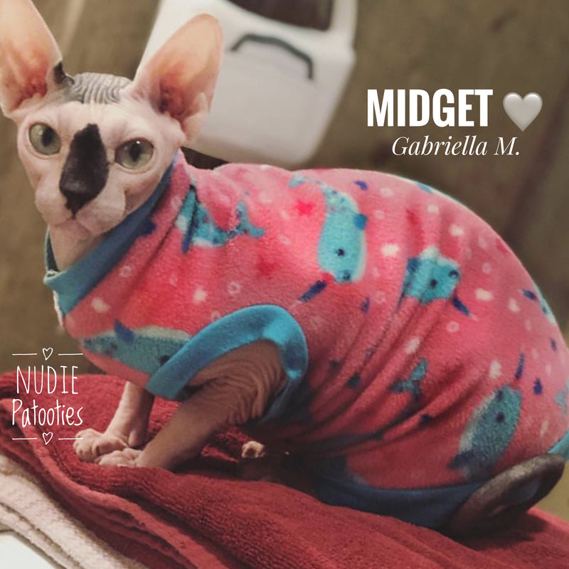 Nudie Patooties Fleece shirt for your sphynx cat, sphynx kitten, Donskoy, Bambino Cat, cornish rex, peterbald and devon rex cat.  Sphynx cat clothes, shirts and sweaters.    