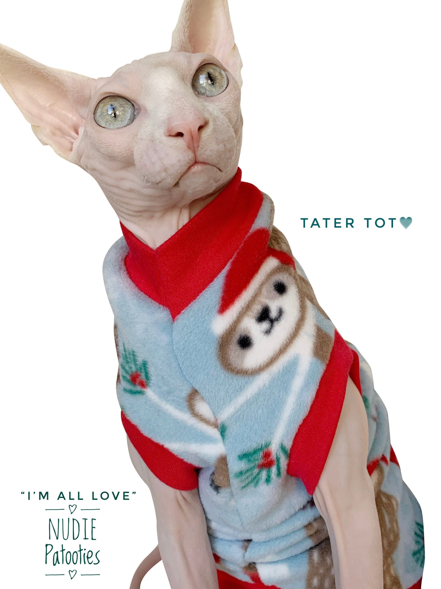 Sphynx cat and kitten sloth Christmas fleece shirt.  Sphynx cat clothes