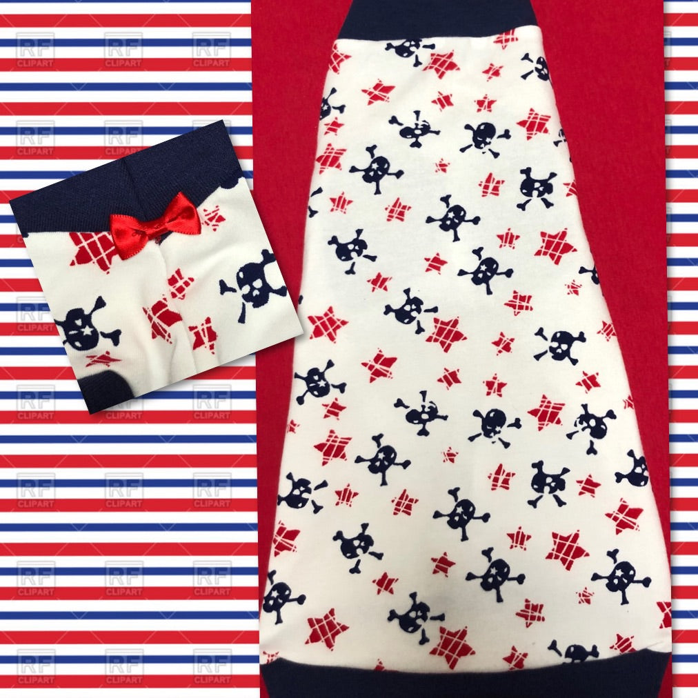 Adorable red, white, and blue skull shirt with red bow tie!  This is a beautiful, medium-light weight cotton blend!  Cute, comfortable, and nice stretch!