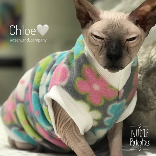 Grey Flower Fleece with Rib Knit Sphynx cat and kitten shirt.  Sphynx cat clothes.