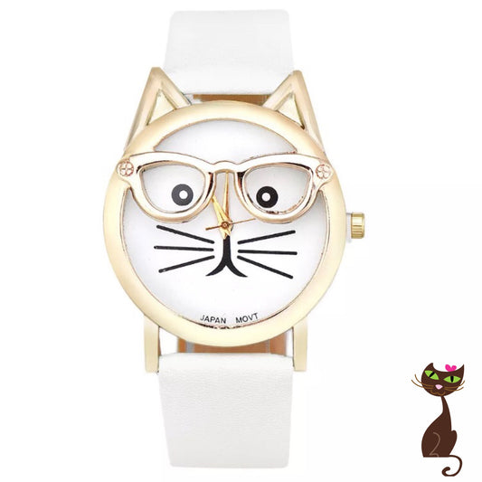 Nerdy cat face watch with gold glasses, cat ears and white band