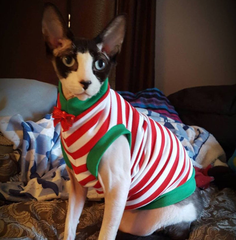 Christmas Red and White Stripe Shirt "Santa's Little Helper" - Nudie Patooties  Sphynx cat clothes for your sphynx cat, sphynx kitten, Donskoy, Bambino Cat, cornish rex, peterbald and devon rex cat. 