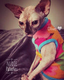 Colorful Flower Fleece "Groovy" - Nudie Patooties  Sphynx cat clothes for your sphynx cat, sphynx kitten, Donskoy, Bambino Cat, cornish rex, peterbald and devon rex cat. 