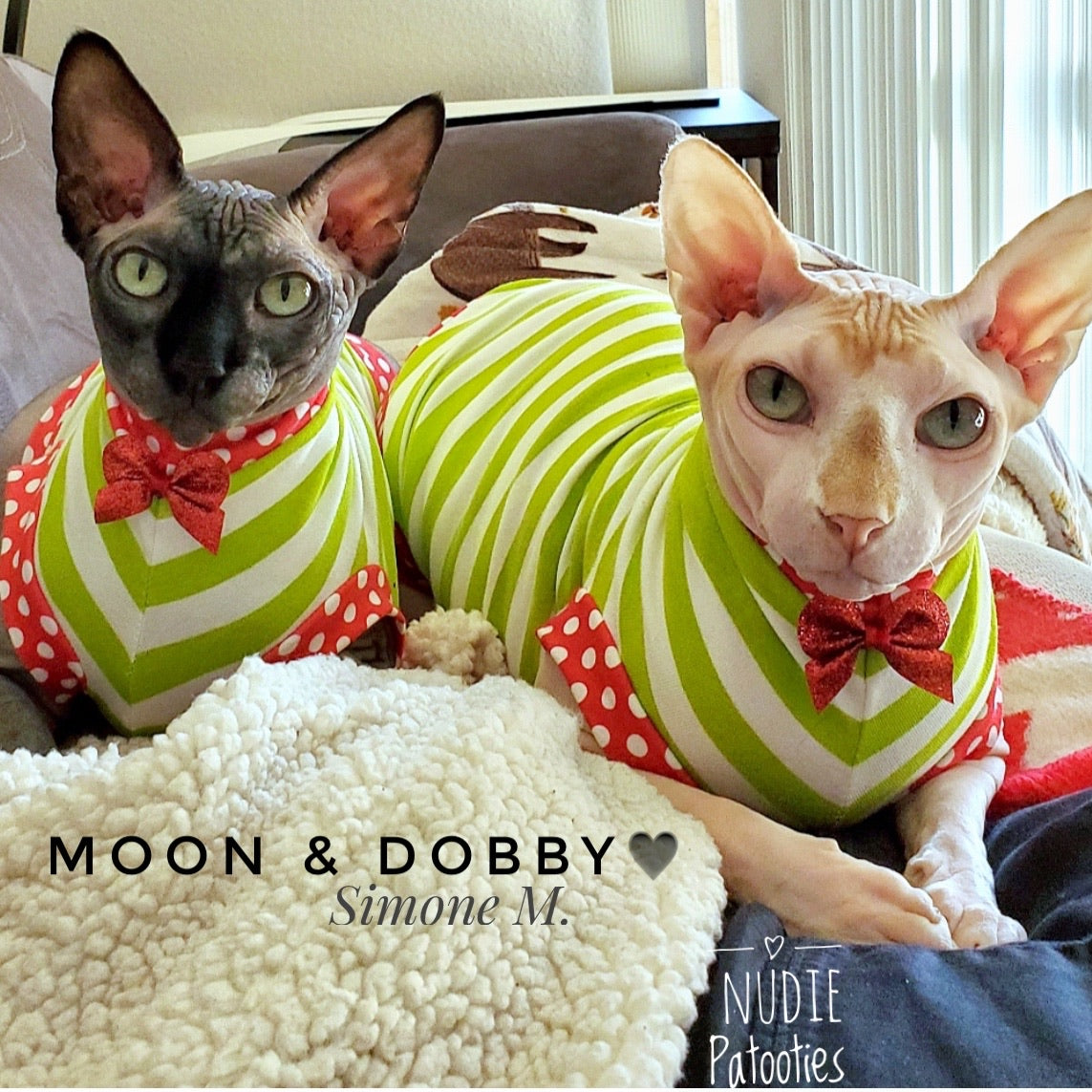 Lime and white stripes with red polka dot trim and cute bow sphynx cat and kitten Christmas shirt.  Sphynx cat clothes 