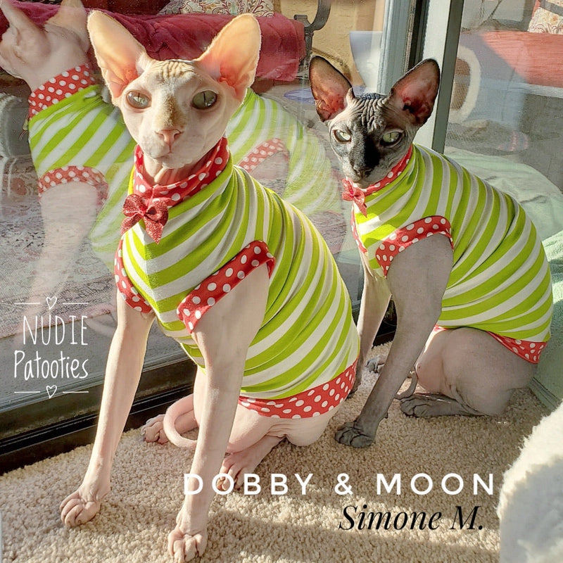 Lime and white stripes with red polka dot trim and cute bow sphynx cat and kitten Christmas shirt.  Sphynx cat clothes 