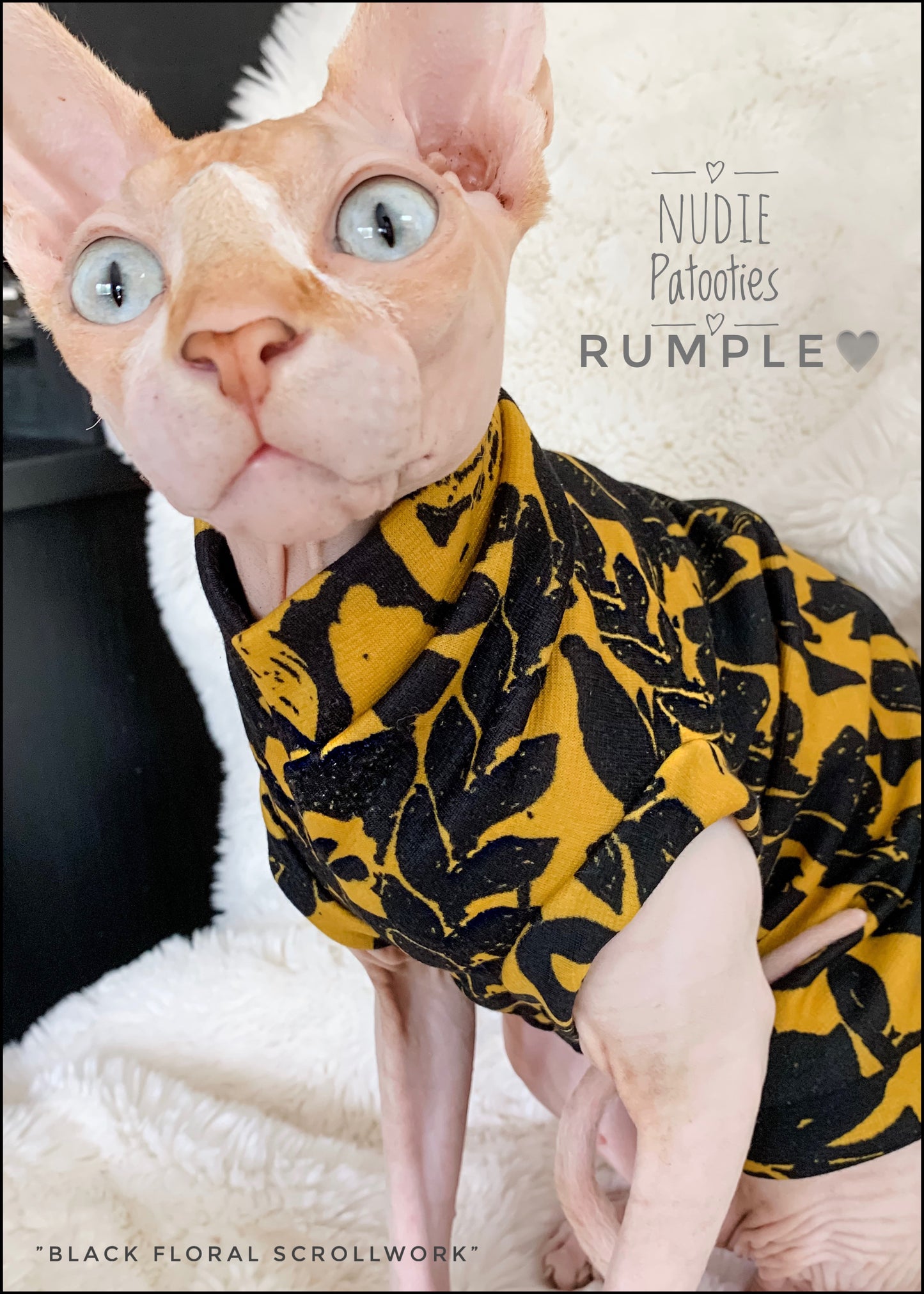Black Floral Scrollwork on Yellow - Nudie Patooties  Sphynx cat clothes for your sphynx cat, sphynx kitten, Donskoy, Bambino Cat, cornish rex, peterbald and devon rex cat. 