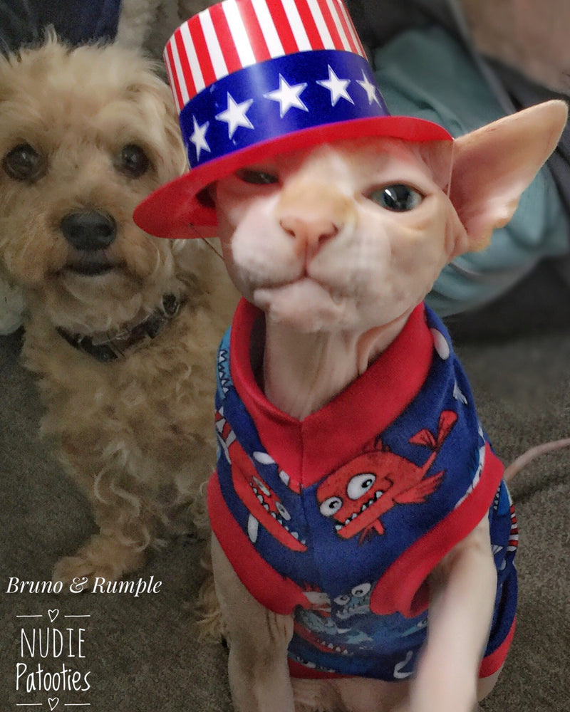 Red white and blue 4th of July sphynx cat shirt.  Sphynx cat clothes