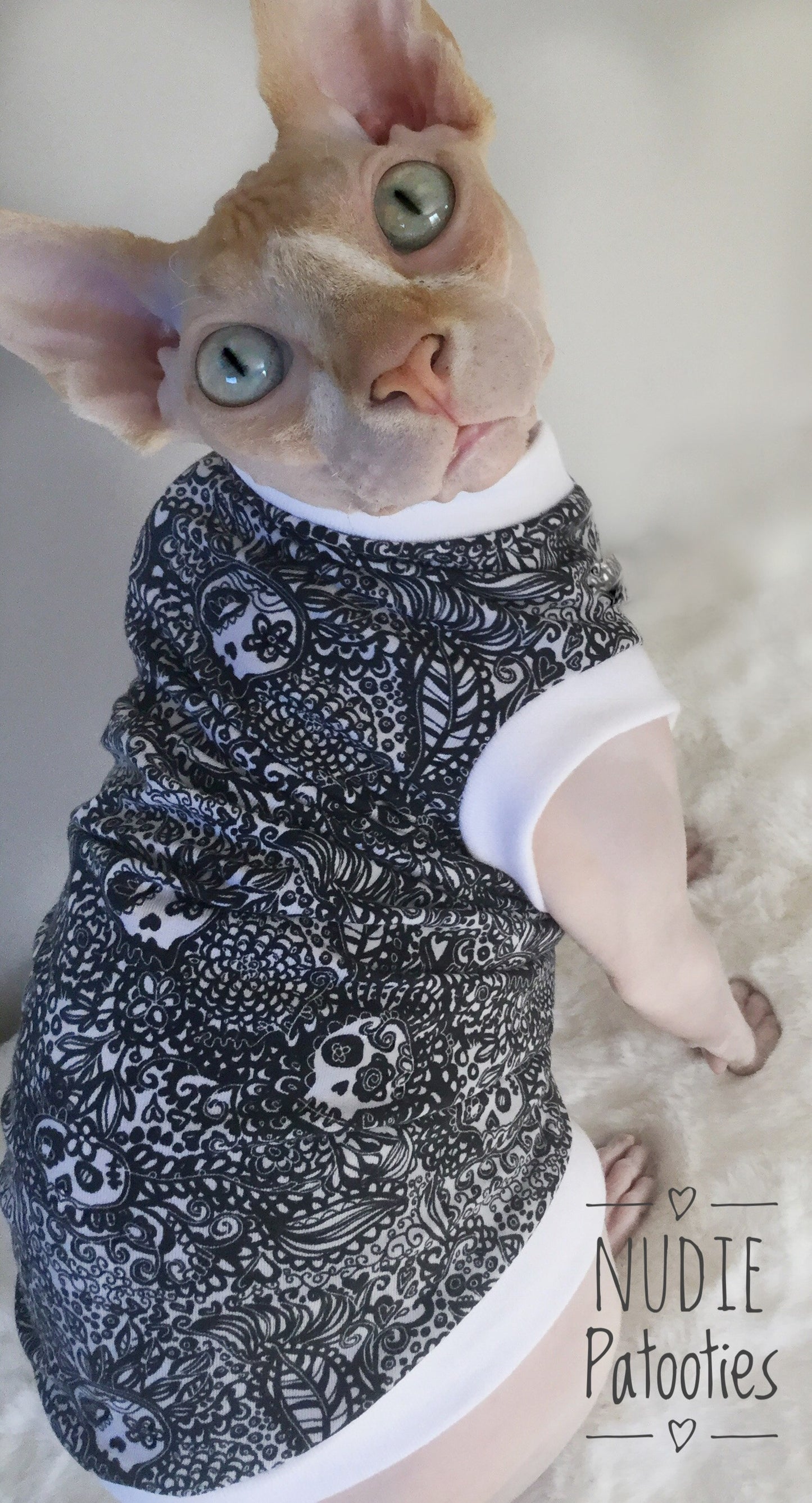 Organic Cotton Skull Shirt/ Neon Skulls Fleece Shirt/ Sphynx Cat Fleece Clothes / clothes for cats/ cat overalls /cat shirt/ cat sweater/ cat sweatshirt/ pet sweater/ Sphynx cat clothes/ Sphynx clothing / cats clothes/ shirt for cat/ cat clothes/ tattoo/ skull/ designer cat clothes/ cat pjs