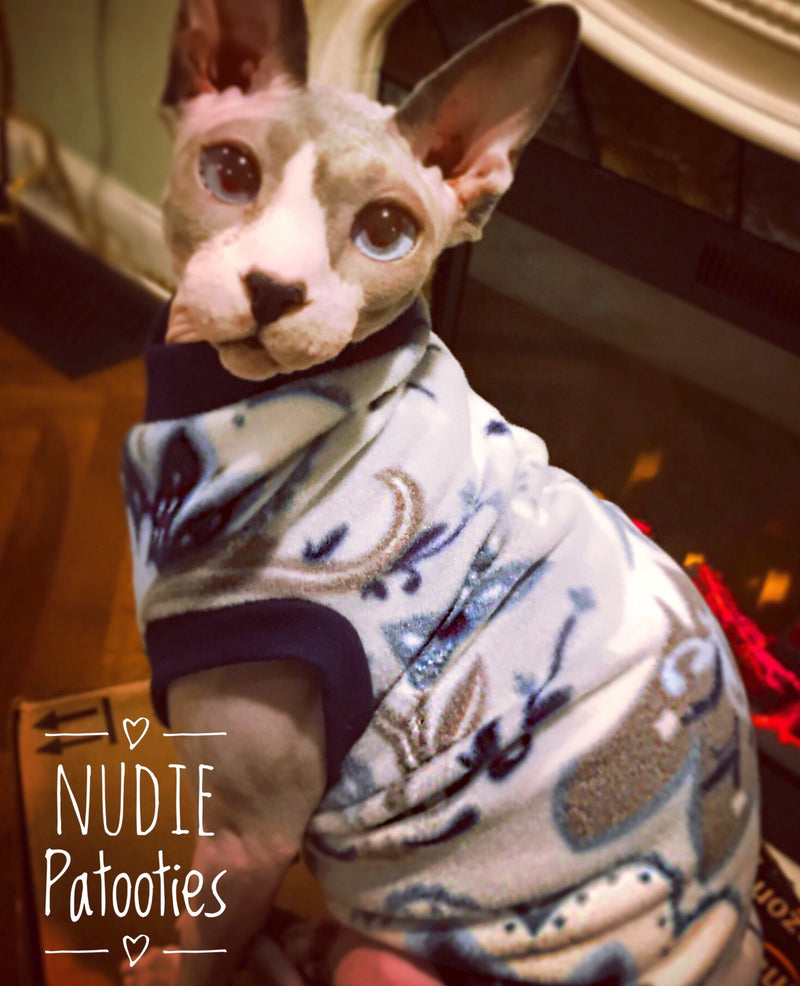 Blue and Grey Floral Fleece "Flourish" - Nudie Patooties  Sphynx cat clothes for your sphynx cat, sphynx kitten, Donskoy, Bambino Cat, cornish rex, peterbald and devon rex cat. 