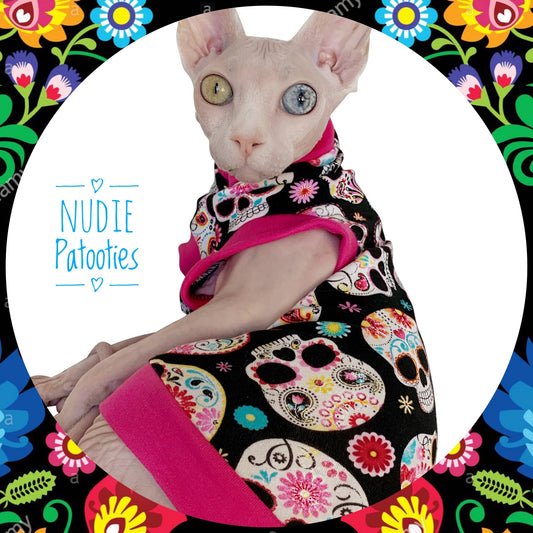 Sphynx cat and kitten sugar skull shirt.  Sphynx cat clothes