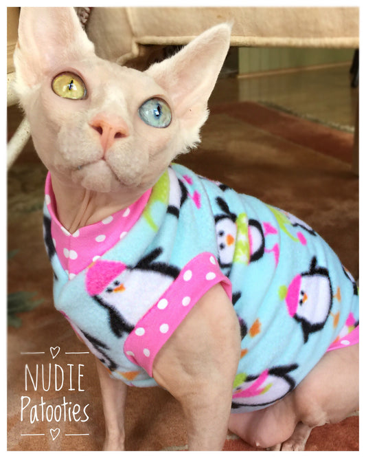 Christmas Pink Penguin Fleece "On Santa's Cute List" - Nudie Patooties  Sphynx cat clothes for your sphynx cat, sphynx kitten, Donskoy, Bambino Cat, cornish rex, peterbald and devon rex cat. 